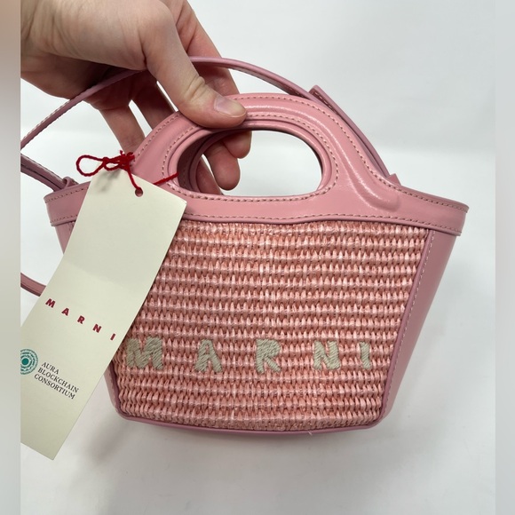 Marni Micro Tropicalia Pink Raffia and Leather Bucket Bag with Crossbody Strap - Picture 8 of 12